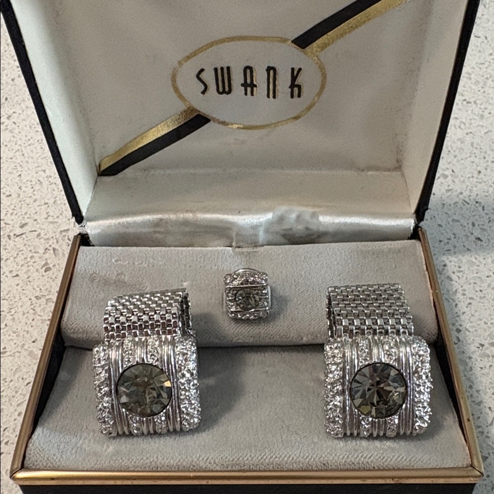 SWANK Silver Cufflinks and Tie Clip Set with Stone Accent